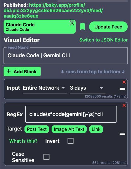 Skyfeed  settings for the Claude Code | Gemini CLI feed.