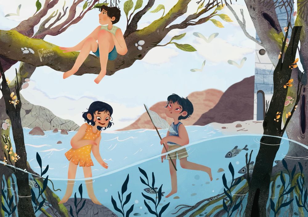 Children illustration. Kids enjoying summer at the sea.