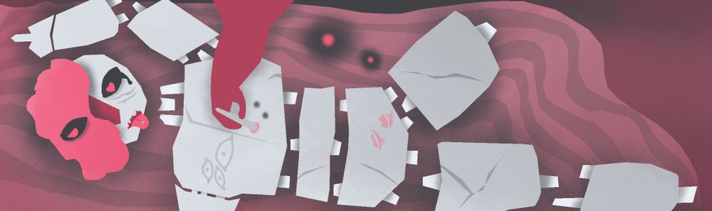 A doll with half-shaven bright red hair, splayed out on a table and giving the middle finger. Covered in bruises, brands and cigarette burns. An arm off screen is burning another cigarette on his chest. He has a bratty expression. He's on a table of warbly wood, with two visible laser scorch marks.