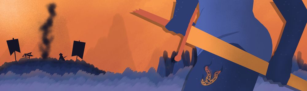 The Liege's Footstool, a wide-hipped blue woman wearing a leotard, half-handing a longsword which glows with the setting sun's orange light. On her thigh, a flame mark, a brand of The Sunset Memory. She is set on grassy fields, with tall forests and mountains rising above. In the distance, a camp with two banners and campfire smoke waits, one soldier accompanied by a lone ballistae.