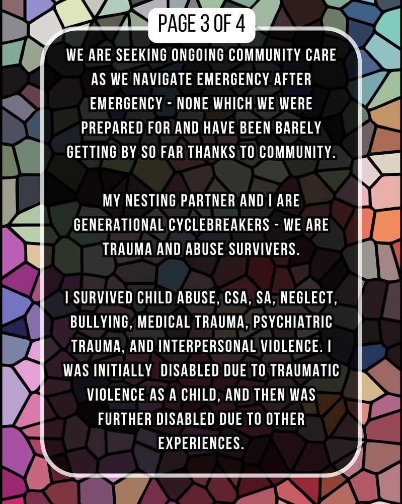 WE ARE SEEKING ONGOING COMMUNITY CARE AS WE NAVIGATE EMERGENCY AFTER EMERGENCY - NONE WHICH WE WERE PREPARED FOR AND HAVE BEEN BARELY GETTING BY SO FAR THANKS TO COMMUNITY.

MY NESTING PARTNER AND I ARE GENERATIONAL CYCLEBREAKERS - WE ARE TRAUMA AND ABUSE SURVIVERS.

I SURVIVED CHILD ABUSE, CSA, SA, NEGLECT, BULLYING, MEDICAL TRAUMA, PSYCHIATRIC TRAUMA, AND INTERPERSONAL VIOLENCE. I WAS INITIALLY DISABLED DUE TO TRAUMATIC VIOLENCE AS A CHILD, AND THEN WAS FURTHER DISABLED DUE TO OTHER EXPERIENCES.