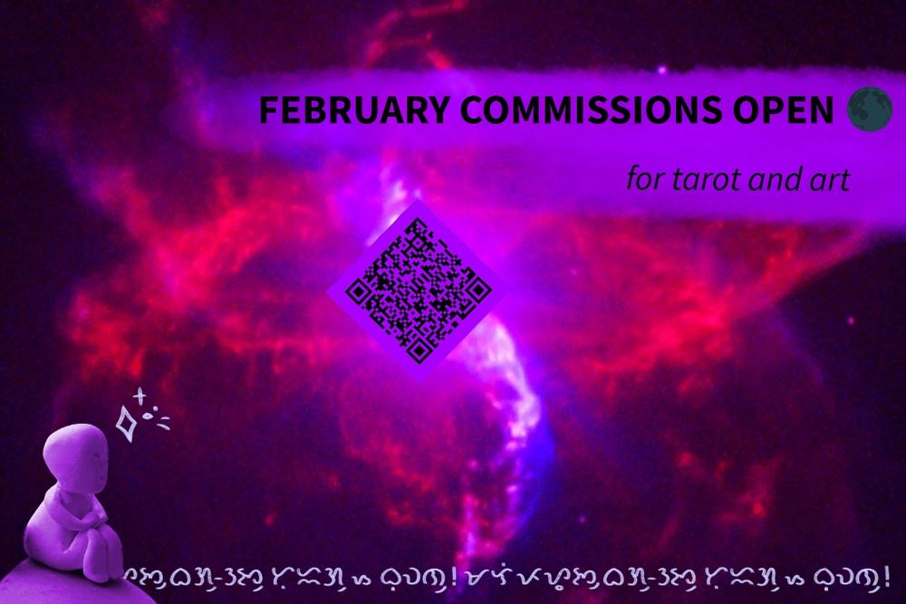 R Aquarii in the background with a QR code to the website laying on top. A small anito statue lays in the bottom left corner gazing upon the star with the text "Happy Lunar New Year" in Baybayin lining the bottom of the image. The main text reads, "February commissions are open for tarot and art".
