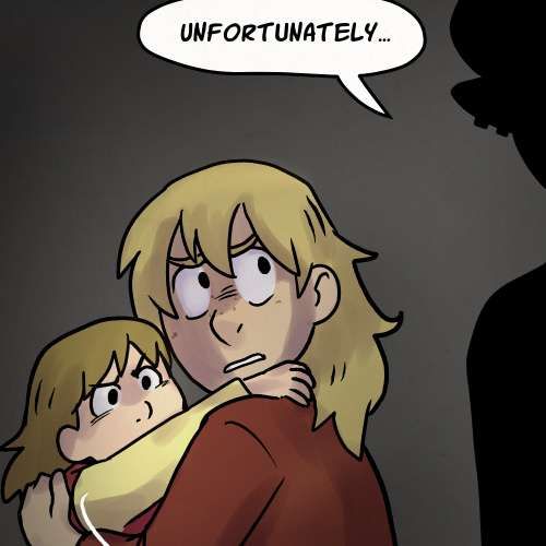 Casey holding Isabell, both looking angry at the silhouette of the fairy woman who is saying "Unfortunately..."