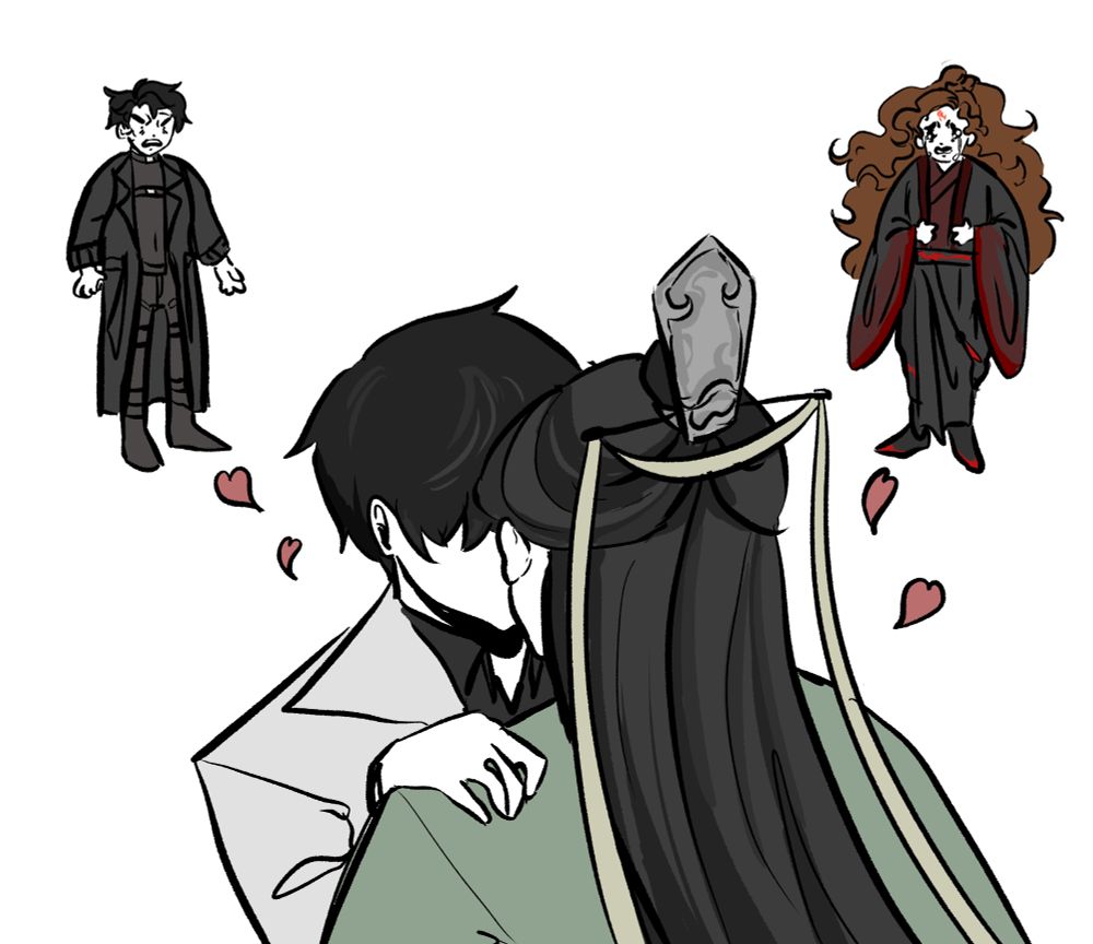 Digital drawing of Kim Dokja from Omniscient Readers Viewpoint and Shen Qingqiu from Scum Villains Self Saving System kissing with hearts all over there heads. Behind them is Yoo Joonghyuk looking at them both in horror and Disgust and Luo Binghe crying aggressively at the scene. 