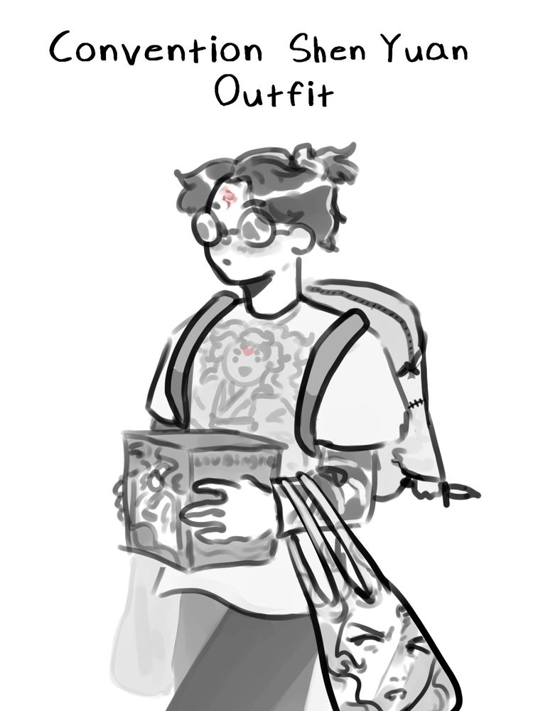 Digital drawing of modern Shen Yuan dressed in a Luo Binghe shirt and long sleeve. His glasses mask his eyes but he's blushing lightly as he walks around. He also has a demon mark drawn on his forehead, and his hair picked up in an attempt to look like Luo Binghe's. Shen Yuan has short hair, so picked up it only looks like a tiff of hair picked up. 
 He has a tote bag that has Luo Bignhe's face on it, as well as another bag PIDW themed on his other arm. He's holding a box set statue of a limited edition Luo Binghe, Demon Emperor Figurine, that he holds close to his chest. He is also wearing a Luo Binghe Book bag that has a tiny baby chibi hand that holds a baby Xin mo. 