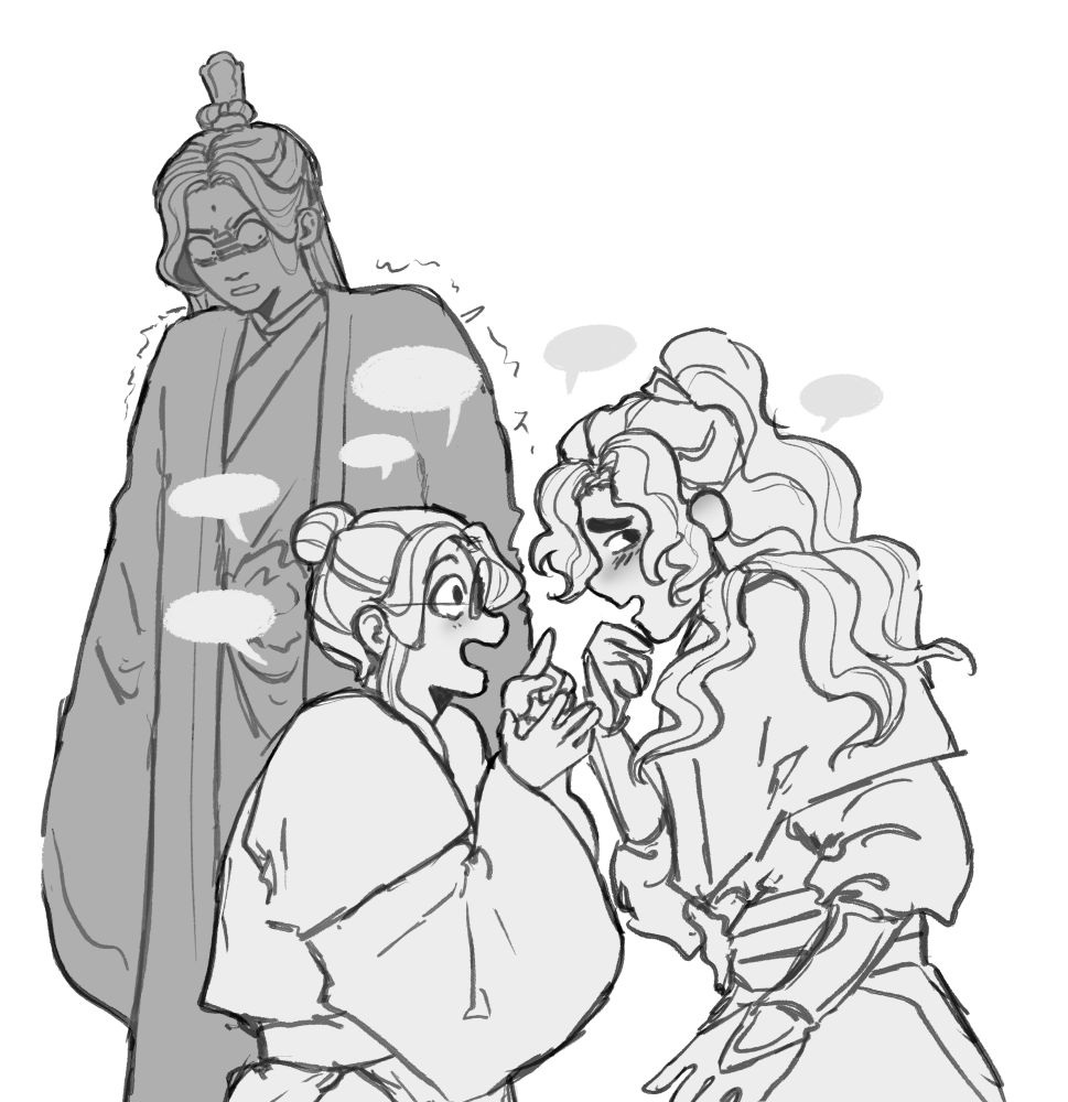 Digital drawing of Shen Yuan and  and Luo Binghe  Talking excitedly. Shen Yuan is talking excitedly with a light blush and moving his hands around as he talks. Luo binghe is blushing heavily as he answers back shyly.

Behind them is Shen Jiu, PISSED as hell and shaking in fury as he stares at Luo Binghe talking to his son "Shen Yuan"