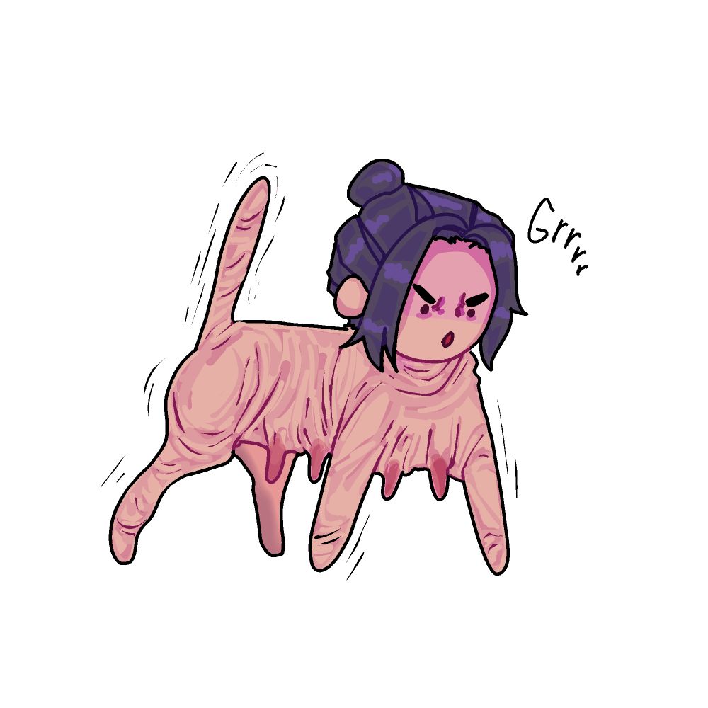 digital drawing of Jiang Cheng as a Soggy hairless cat from the neck down. He's in a defensive pose with his tail up and growling.