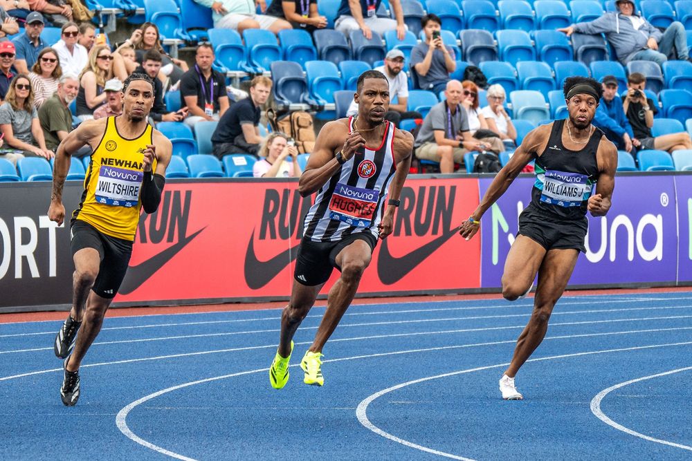 Zharnel Hughes on the way to victory and a 19.90 clocking at the UK Championships