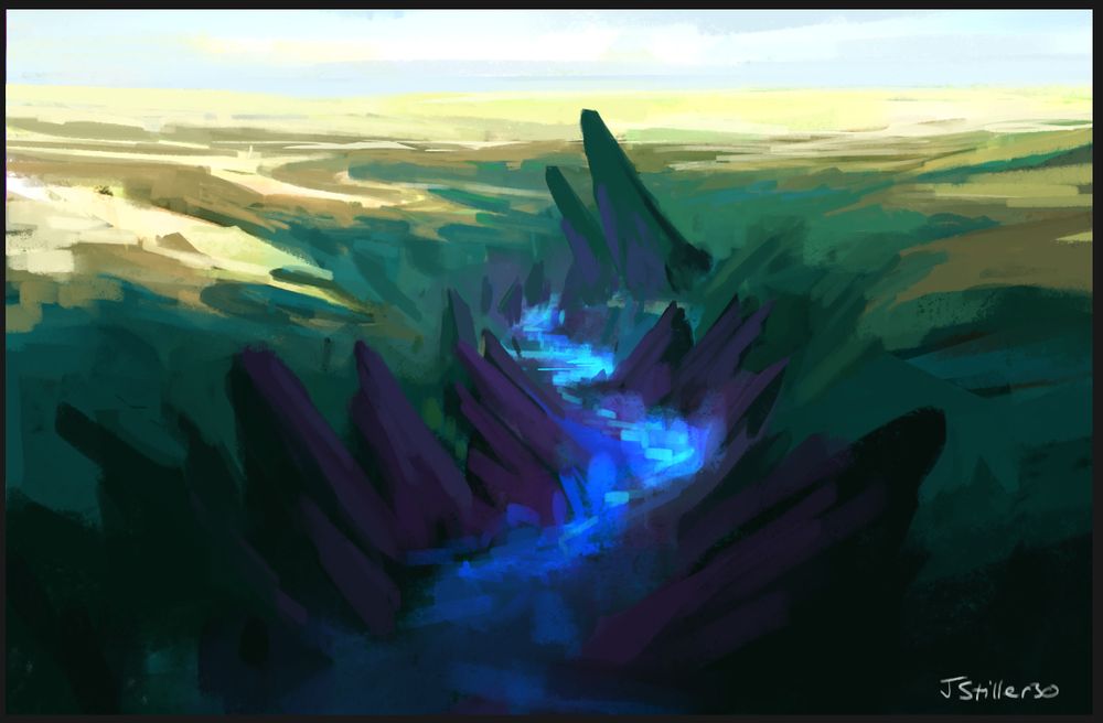 a fantasy landscape painted during livestream.  Twitch.tv/jstiller30