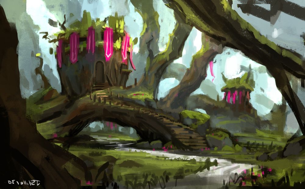 a little house in the woods, with a small staircase built into a tree trunk.  Green/pink color pallette.   Painted in clipstudiopaint live on twitch.tv/jstiller30 