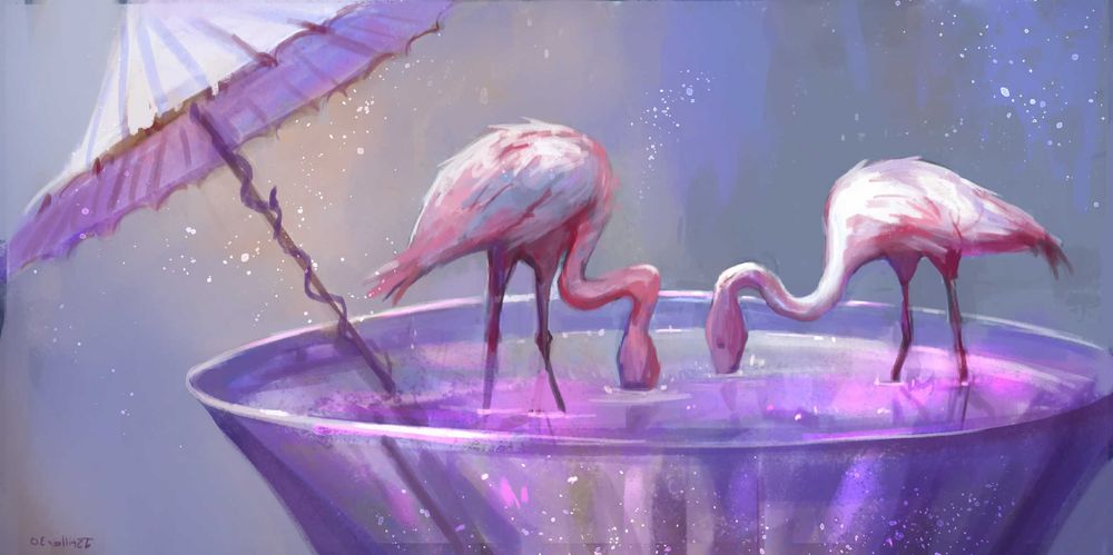 Two tiny pink flamingos standing in and drinking out of a martini glass.  