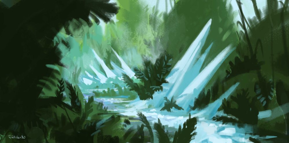 an icey path with spikes in an otherwise lush jungle.  painted on my livestream.  - Jstiller30