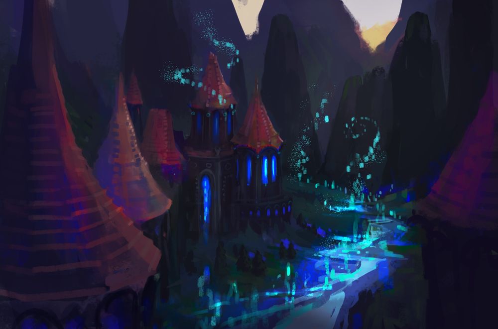 a fantasy castle on the side of a magical neon blue river.