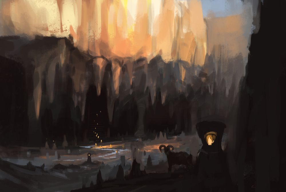 a fantasy landscape painting of a rocky overhang with stalactites hanging down creating a deep cave.  There's stairway with some lights going deeper into the cave.   