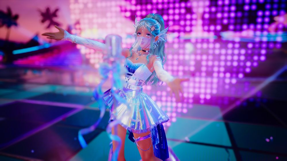 Nikki posed in front of a microphone, performing. with a brightly colored background 