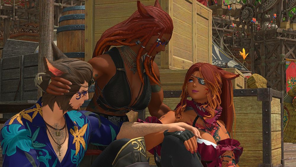 **AU**
Two Miqo'tes sitting on a dock, a lingering spirit resting her hands on each of them.

The male Miqote is C'laxih, Cersei's father and retired First Mate of the Midnight Rose Pirates. He often stays home in his hidden abode back in the outskirts of Limsa, but made the trip across the seas when he learned Cersei was returning to where her late mother was born.

The middle Miqo'te is Vivian Lialle. Cersei's late mother, C'laxih's late wife, and captain of the Midnight Rose pirates. She passed when Cersei was only 5.

The red-headed Miqo'te is Cersei, the captain of the Red Lily pirates.