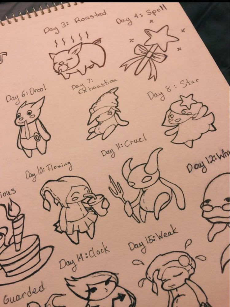 A sketchbook page filled with characters, each corresponding to an inktober day/prompt.