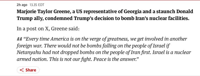 A screenshot of a news article reporting that U.S. Representative Marjorie Taylor Greene criticized former President Donald Trump's decision to bomb Iran's nuclear facilities. The article highlights a quote from Greene's post on the social media platform X, where she argues that American involvement in foreign wars disrupts progress and states that the conflict between Israel and Iran is not America's fight. She advocates for peace instead of military action.