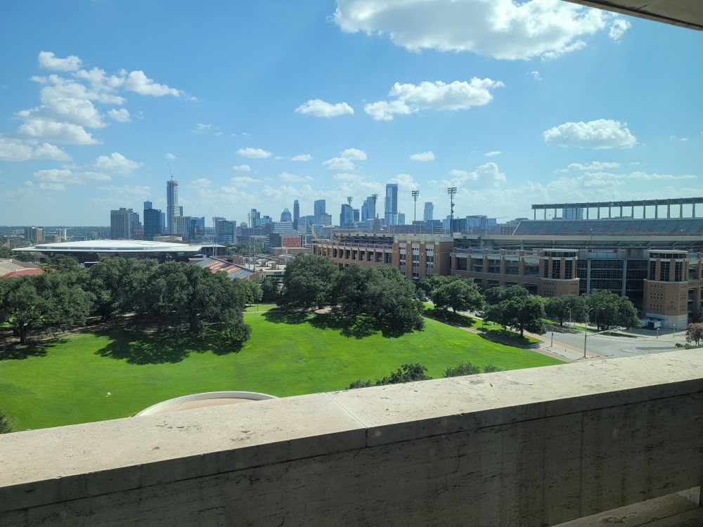 View of DKR Stadium and downtown Austin from Lady Bird Johnson's office at the LBJ Library and Museum.