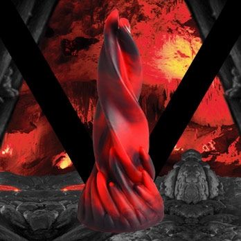 A red and black dildo in the shape of a two pronged spiral