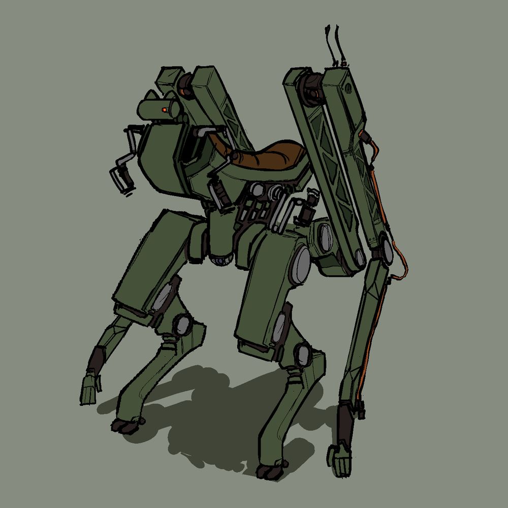 Bipedal humanoid robot exosuit with motorcycle style seat and controls.