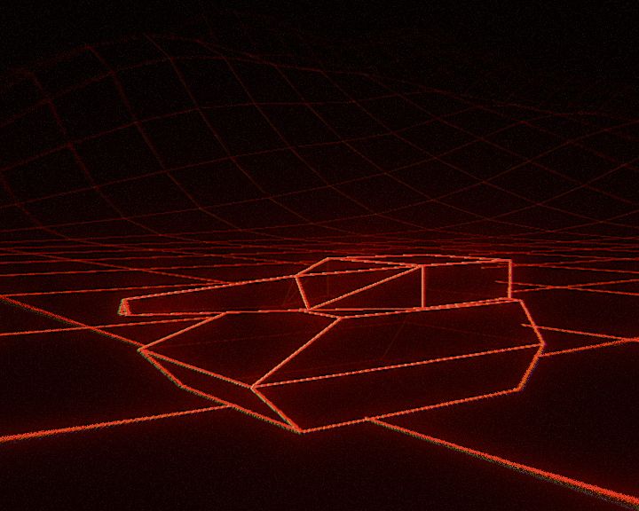 retro style early 3d graphics depiction of a tank wireframe on a grid terrain