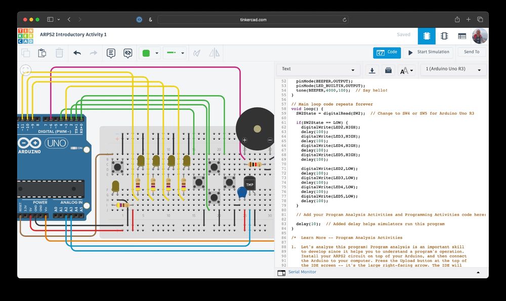A screen shot of a simple circuit composed of pushbuttons, LEDs, resistors, a piezo speaker, and a temperature sensor built on a breadboard and connected to an Arduino in the Tinkercad circuits simulator. The code window is open showing a part of a beginner programming activity. 