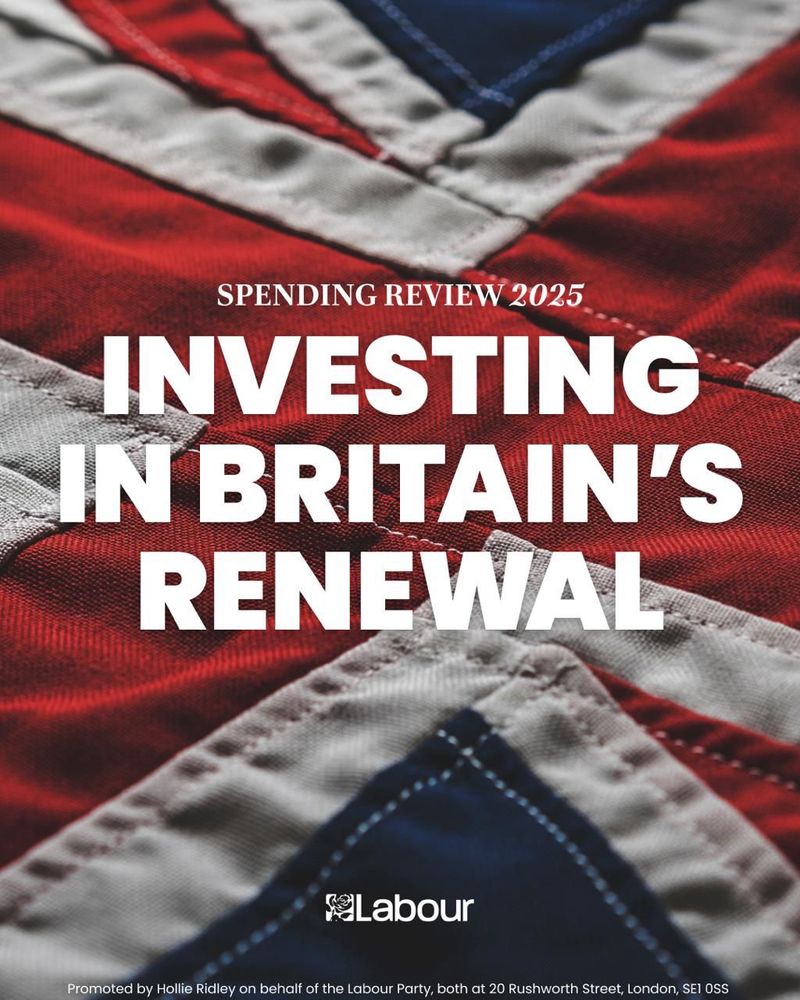 ‘Investing in Britain’s renewal’ text on a Union flag background with Labour logo 
