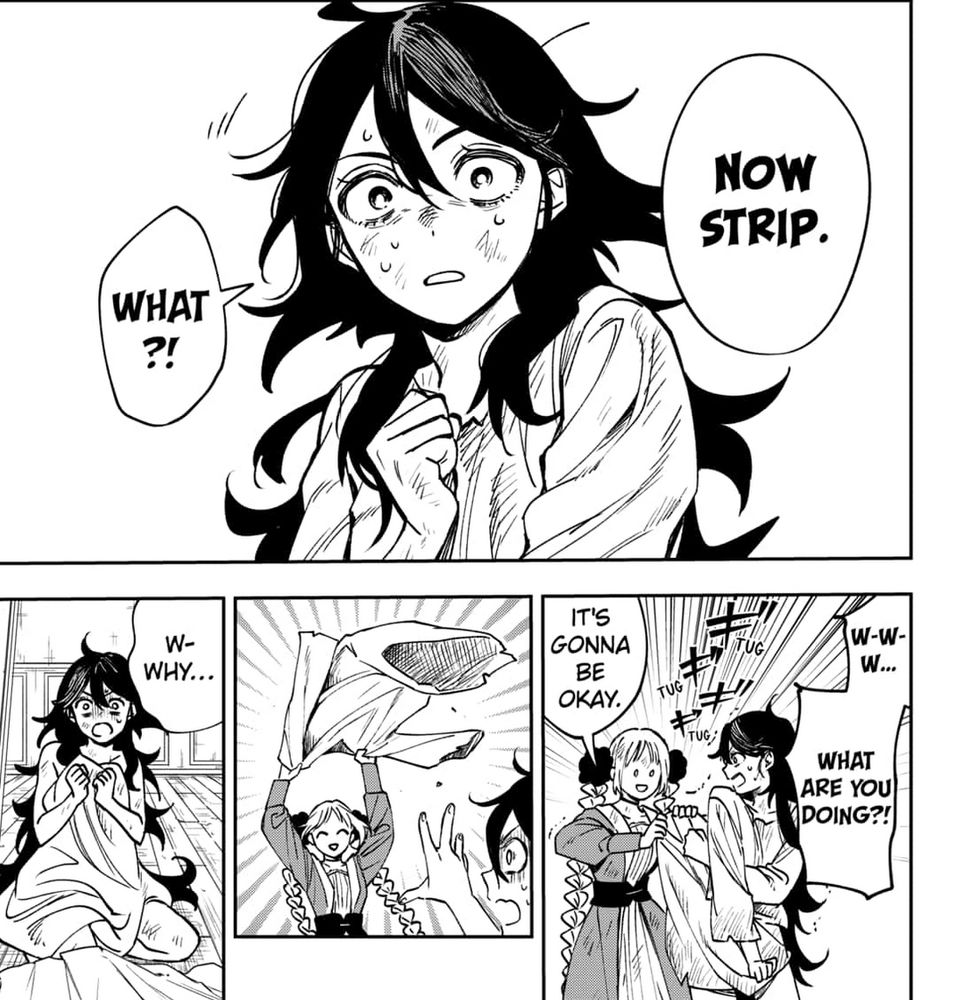 Page of WITCHRIV, Nona (pigtails) is stripping Miramira of her clothes