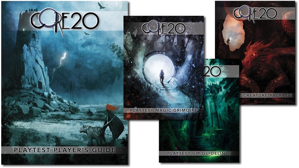 The covers of the CORE20 playtest PDFs, with art with Xavier Beaudlet. The “Playtest Player’s Guide” features an adventurer and their white tiger companion looking out at a haunted tower. The “Playtest Magic Grimoire” features an adventurer stepping into a glowing portal in a dark forest. The “Playtest GM Guidelines” features a shadowy archway opening up into a jungle ruin. And the “Playtest Creature Package” features a red dragon awaiting an adventurer standing in the entrance to their cavern lair.
