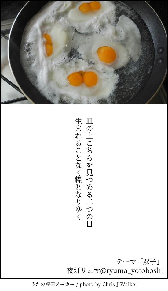 これは短歌を詠んだ画像です。
以下は本文です。

皿の上こちらを見つめる二つの目
生まれることなく糧となりゆく

作者は夜灯リュマ（よとぼし りゅま）です。