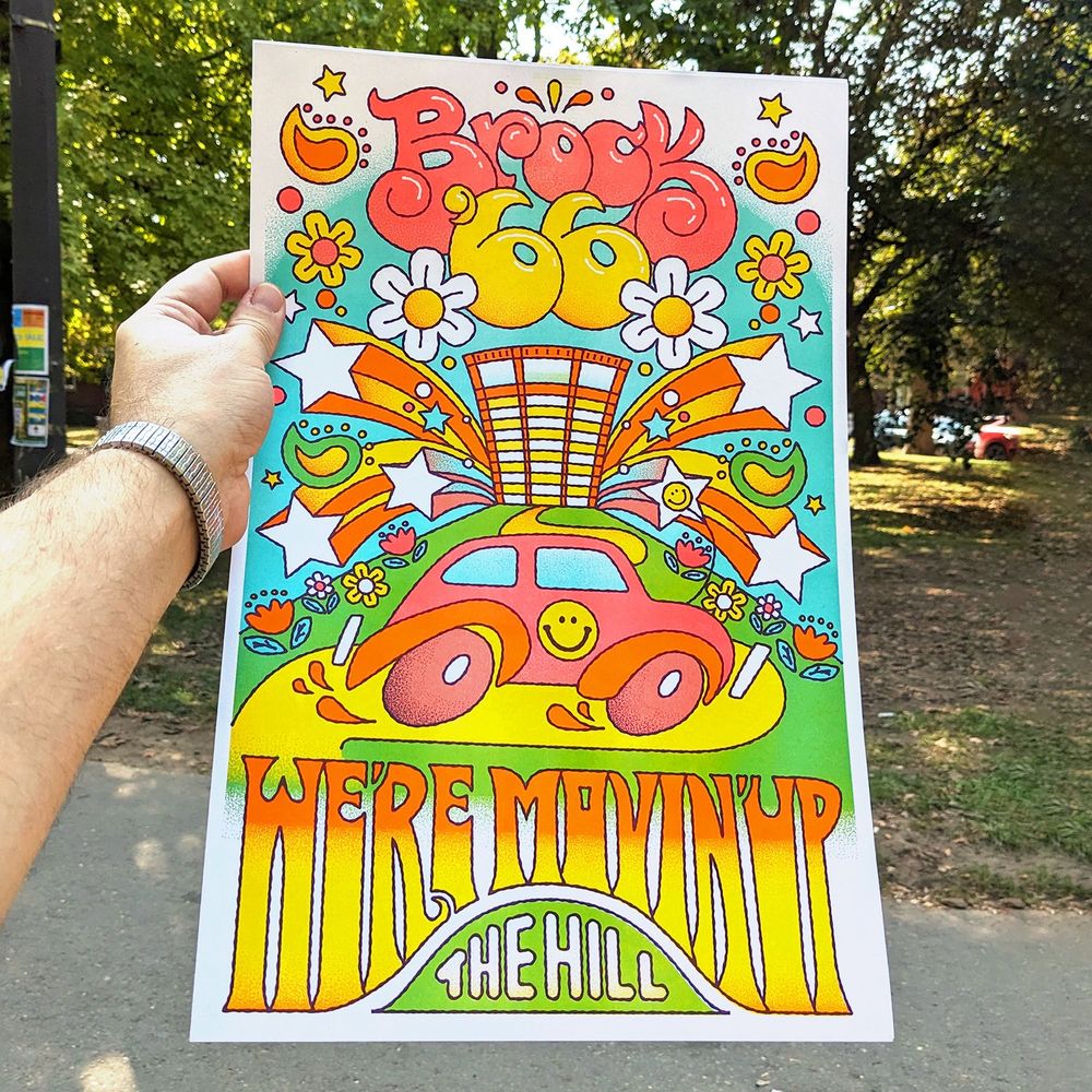 A nature shot of a risograph poster stating "Brock '66 - We're movin' up the hill" with a VW Beetle driving up a hill to the Schmon Tower at Brock University.
