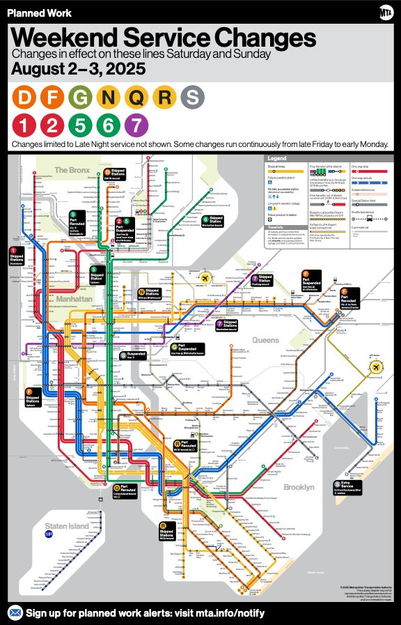 Weekend service change map on the MTA subway between August 2 - 3