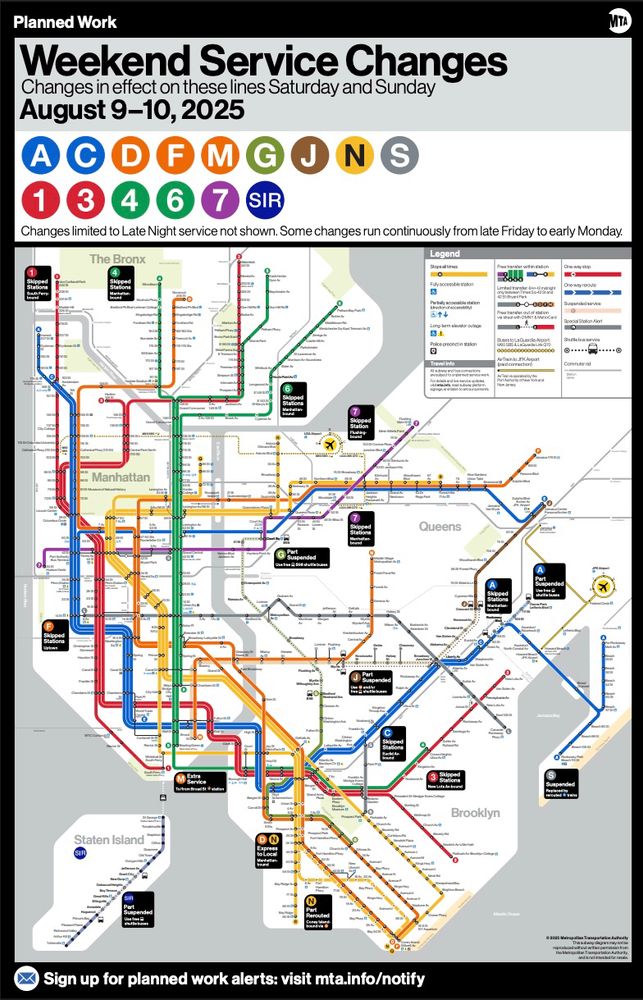 Weekend service change map on the MTA subway between August 9 - 10