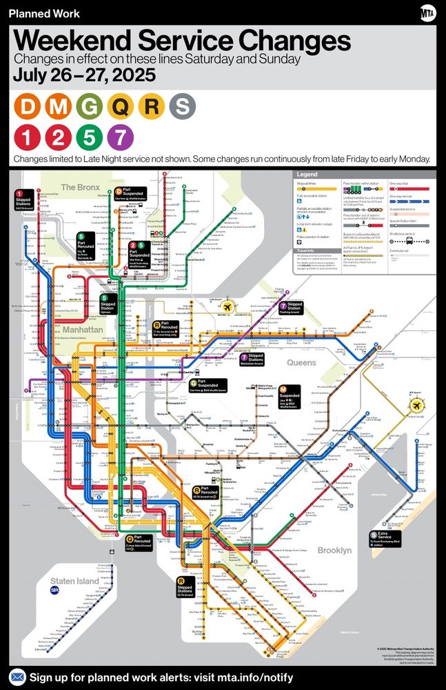 Weekend service change map on the MTA subway between July 26 - 27