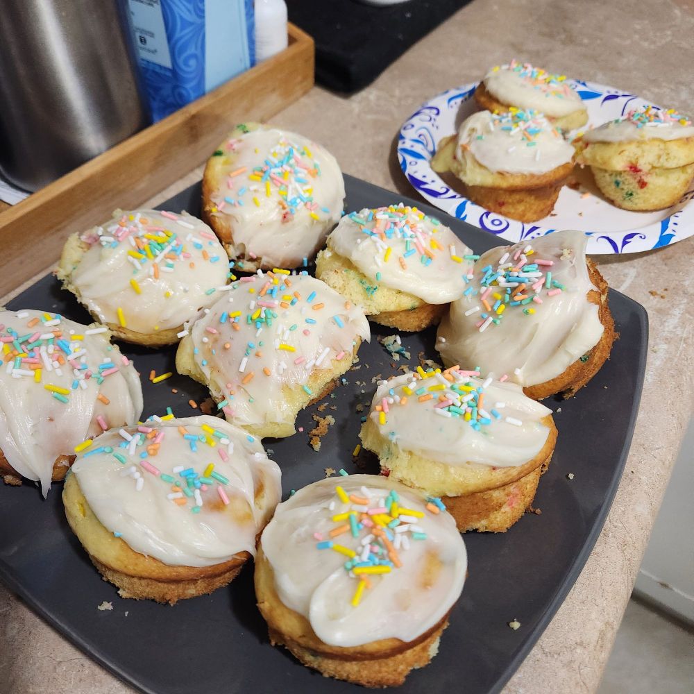 A photo of two plates filled with vanilla cupcakes with white frosting and pastel rainbow sprinkles.