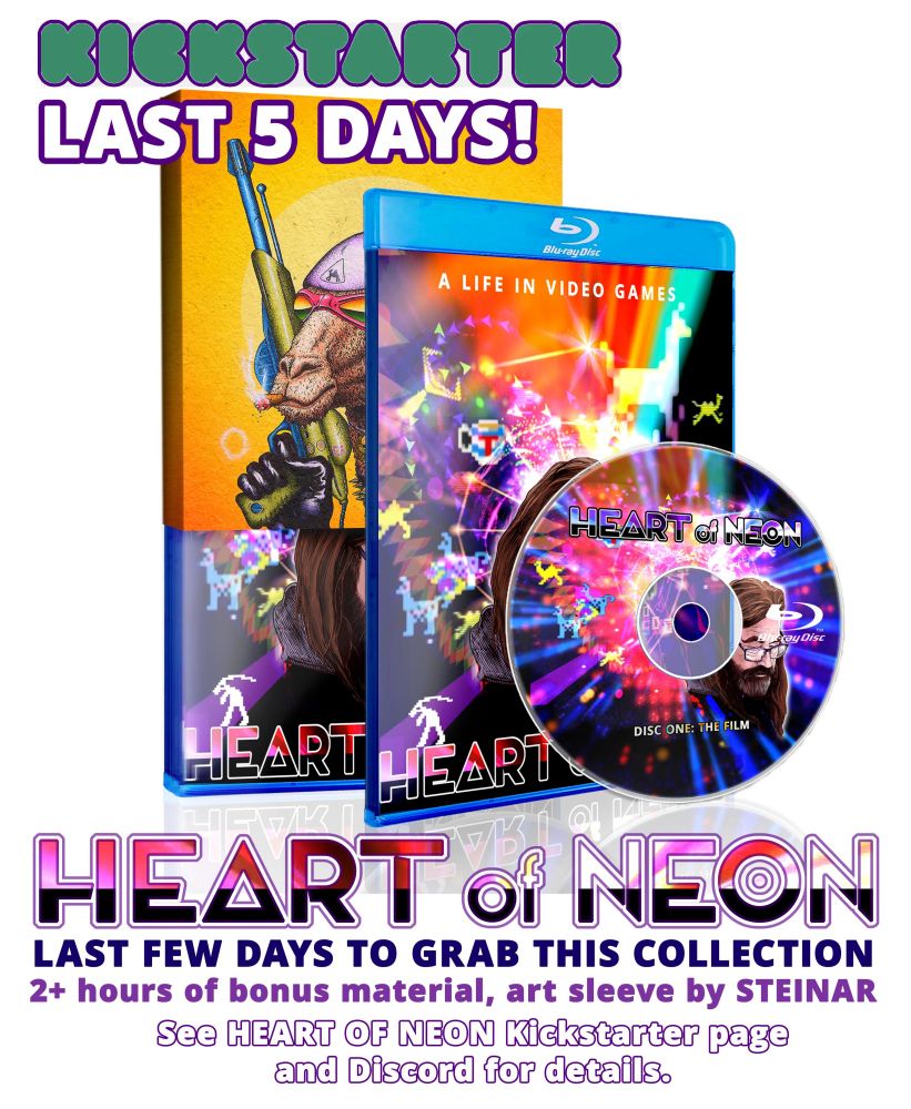 image of the HEART OF NEON Blu-ray disc and case, with second case behind adorned with the Steinar art sleeve. Text superimposed: KIKCSTARTER LAST 5 DAYS! HEART OF NEON Last Few Days to Grab This Collection. 2+ hours of bonus material, art sleeve by STEINAR. See HEART OF NEON Kickstarter page and Discord for details. 