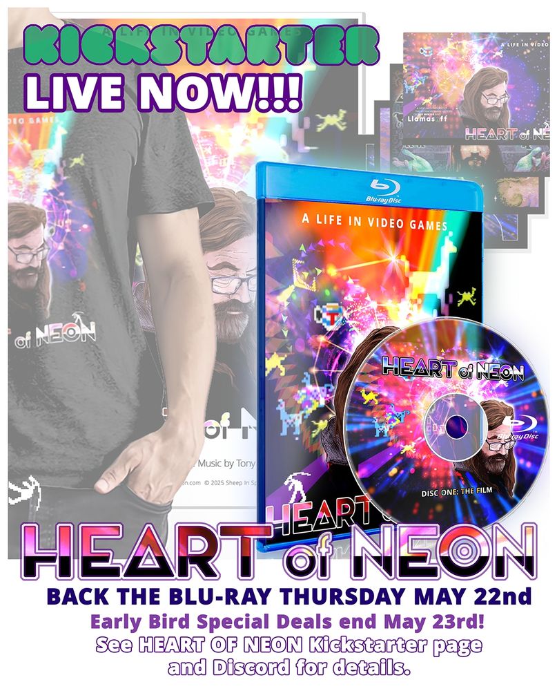 Heart of Neon blu-ray and case, with other Heart of Neon merchandise behind, and superimposed text: "KICKSTARTER LIVE NOW!!! HEART OF NEON Back The Blu-ray Thursday May 22nd. Early Bird Special Deals end May 23rd! See HEART OF NEON Kickstarter page and Discord for details." 