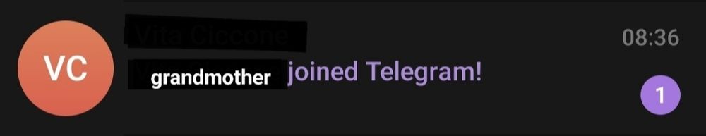 a cropped Telegram screenshot; reads "grandmother joined Telegram!"