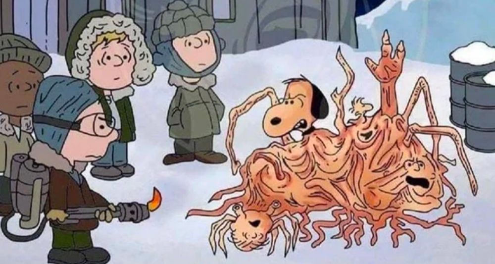 Charlie Brown as MacReady in the John Carpenter movie "The Thing". Snoopy and Woodstock are part of a fleshy amalgam of horrific monstrosity.
