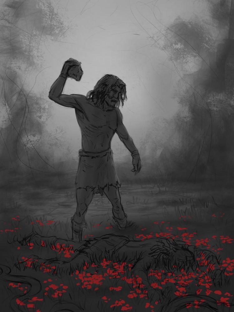 Cain with rock standing over Abel’s body, red flowers/blood on the ground and a hint of a serpent