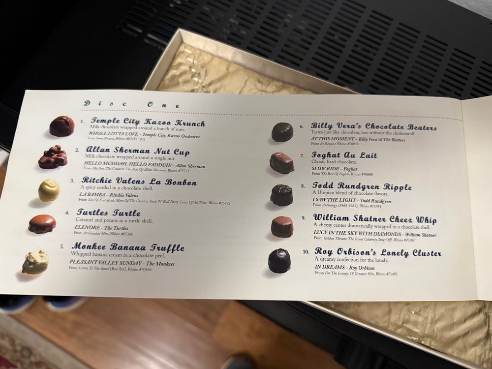 Open booklet showing part of disc 1, including Todd Rundgren Ripple, William Shatner Cheez Whip, and Roy Orbison’s Lonely Cluster.