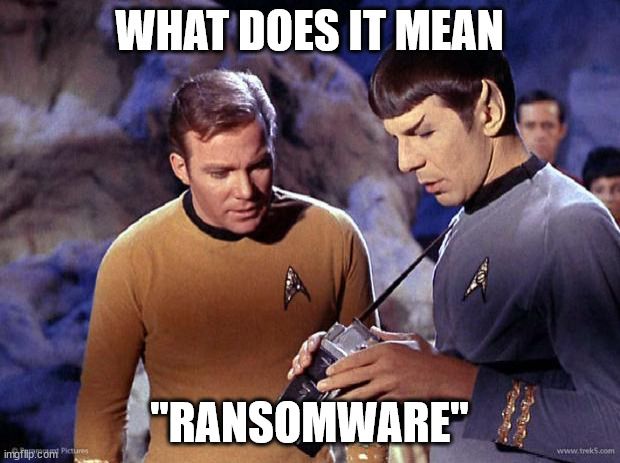 Kirk and Spock looking at a tricorder. Captioned "What does it mean 'randomware'"