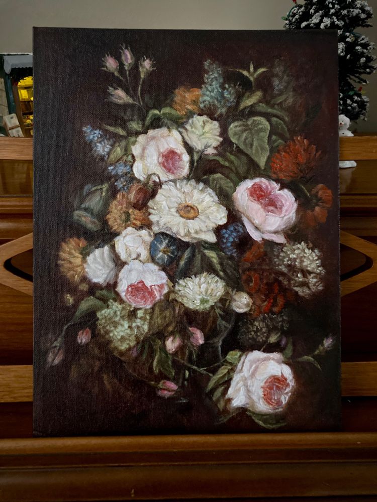 an acrylic painting of various flowers in a glass vase. the flowers vary in shape and color such as pinks, blues, yellows and reds. it's all set on a moody, dark brown background.