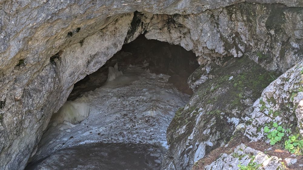 Blick in die Eishöhle der Rax mit dünnem Altschnee und Eisansätzen weiter hinten an den Rändern. 