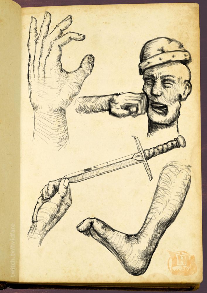 Digital hand drawings of...hands and feet. 
Practice of poses for hands and feet. Hand holding throwing dagger, foot angled upwards while toes pointing down. A face being smashed by a fist. 