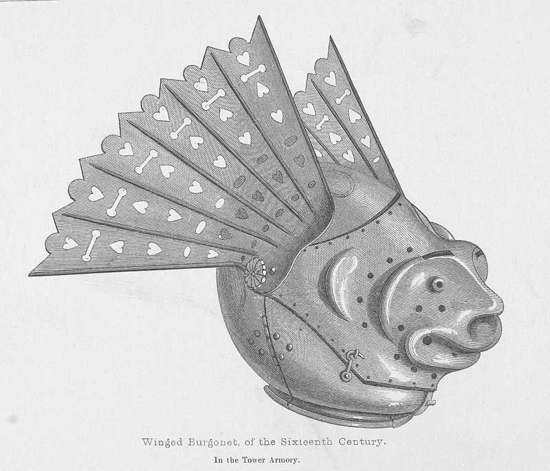 A woodcut of a winged burgonet helmet, the design on the front visor is a strange face which almost looks like a fish from the angle shown. The wings are on either side of the helmet and look like a fan, with heart designs on them. 