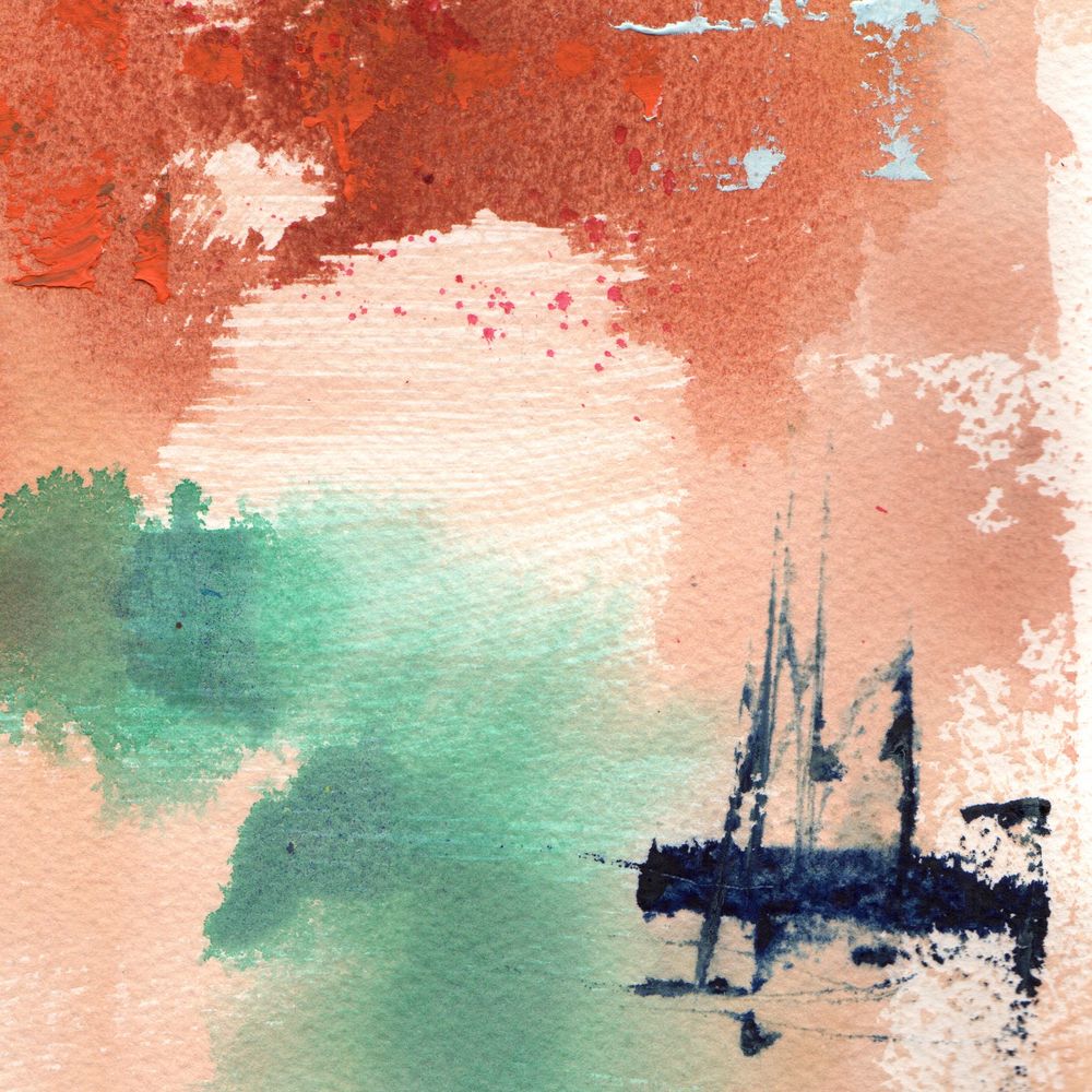 Detail of an abstract watercolor painting with tan, hooker green and red brown staining. Small dry brush graphic shapes of navy blue and pale blue float above the staining pigment.