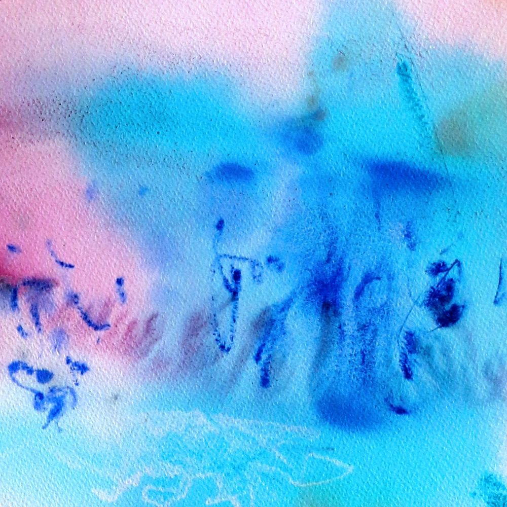 A detail of a watercolor painting using stain techniques in ultramarine blue, rust orange, carmine pink and thalo blue on a 22x30 inch sheet of Arches watercolor paper.