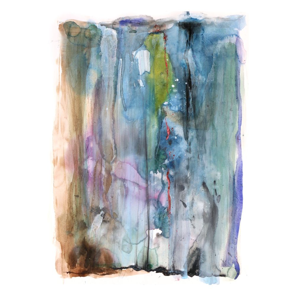 An abstract watercolor painting in blues, browns and violet with drops of carmine red and grey.